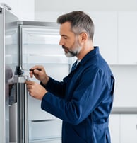 A male appliance technician with a beard, wearing a blue uniform, intently repairs the ice dispenser