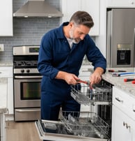 A male appliance technician in a blue uniform is intently repairing an open dishwasher with a tool i