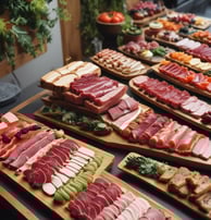 A beautifully arranged charcuterie board featuring an assortment of cheeses, meats, fruits, and nuts. Grapes, blueberries, and cherry tomatoes are artfully interspersed with slices of cured meats and various cheeses, including a wedge of blue cheese. The table setting includes elegant tableware with mustard-colored napkins, and the board is surrounded by decorative elements like woven placemats.