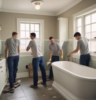 A man is working in a room with a marble-tiled wall and a window surrounded by metal frames. The man is wearing a gray shirt and white pants, using tools for what appears to be an installation or maintenance task. The ceiling is blue with several recessed lights.