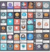 A digital wallet is open, displaying several cryptocurrency symbols inside. The background is a dark, matte surface. The symbols include Bitcoin and others, represented in bright colors against the muted background.