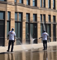 A row of yellow rental bicycles is lined up neatly on a paved area in front of a modern building with large glass windows. Next to them are two electric scooters, one teal and one red, positioned upright. Large stone blocks are scattered nearby, and the building windows reflect parts of the surrounding urban environment.