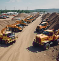 A large delivery truck and a smaller blue van are parked on the side of a road next to a park. A person is standing near the truck's door. Several packages and boxes are placed on the ground between the vehicles. The surrounding area features green trees and a small water fountain within a park setting.