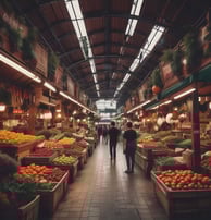 A busy outdoor market scene with people interacting and engaging in trade. Individuals are gathered around carts filled with fresh produce, such as leafy greens and melons. Some people are standing while others are seated on structures around the area, giving a sense of casual social interaction.