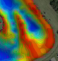 a section of a depth map showing a shallow bar protruding quite a way into the lake.