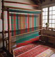 A display area featuring a collection of intricately patterned rugs in various colors and designs. A dark green leather sofa is placed at the center with several hanging light bulbs above it, providing a cozy atmosphere. There are leafy green plants adding a natural touch, and an assortment of small decor items are arranged on the rug-covered platforms.