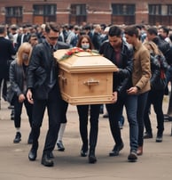 Several people are carrying a wooden coffin with brass handles in an outdoor setting surrounded by greenery. The group appears somber and focused on the task at hand.