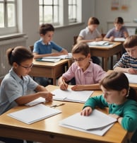 Two children in school uniforms are seated at desks, focused on writing in notebooks. The classroom has a chalkboard at the front, and a table with a backpack and other items in the background. The walls are lightly decorated, giving a simple yet structured environment.