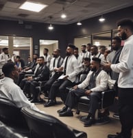 A hairstylist with curly hair and a beard is attentively cutting a client's hair in a modern barbershop. The barber is wearing an orange shirt and is working with a comb and scissors. The salon is well-lit with contemporary lighting fixtures visible in the background.