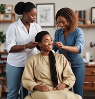 A woman is styling another person's hair outdoors, surrounded by several children. The setting is vibrant with colorful posters in the foreground, giving the scene an artistic feel. The background shows greenery, indicating an outdoor rural environment.