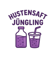 Logo der Hustensaft Jüngling Stiftung zur Förderung von lila Flüssigkeiten, moderner Schriftzug mit stilisierter Flasche und