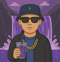 Cartoonhafte Illustration von Hustensaft Jüngling vor einem leuchtend violetten Wasserfall, Bucket Hat, Sonnenbrille und li