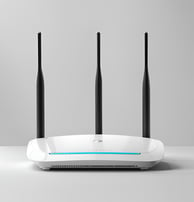 white wifi router with three black antennas