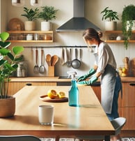 Ein helles und aufgeräumtes Wohnzimmer mit einem Staubsauger in der Ecke, sauberen Möbeln