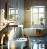 Ein helles und sauberes Badezimmer mit glänzenden Fliesen, einem Waschbecken, das gerade gereinigt