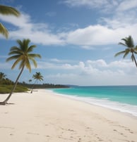 A beautiful white sand beach with lush greenery and palm trees. in Barbados