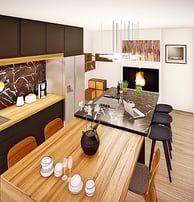 Modélisation 3D d’une cuisine contemporaine avec îlot central, mobilier intégré et éclairage naturel.