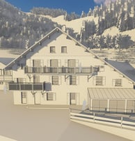 Modélisation architecturale d’une auberge de montagne avec espaces d’accueil et chambres, intégrée dans un environnement alpi