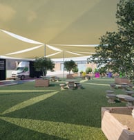 Projet 3D d’un espace public structuré autour de food trucks, zones de convivialité et mobilier urbain.