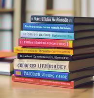 A stack of self-help and motivational books with colorful covers is neatly arranged. The titles include 'The Power of Now', 'The War of Art', 'Mindset', 'The Miracle Equation', and 'Your Best Year Ever'.