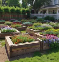 A garden scene featuring a large, weathered log surrounded by vibrant flowers and decorations. Various colorful flowers and metal ornamental pieces adorn the area, including an artificial owl figure and a decorative birdbath. The grass is lush and green, providing a natural backdrop for the array of hues and textures.