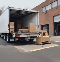 A large moving truck is parked on a residential street in front of a house with beige siding and white garage door. The truck is branded with 'Los Angeles Transfer And Storage,' featuring contact information and graphics of a city skyline. The sky is overcast, and the street is empty.