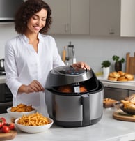 A modern kitchen counter featuring a variety of cooking appliances and utensils. A blue electric kettle and a metallic toaster are placed on the countertop alongside a stand holding cooking utensils. The design includes sleek cabinetry and a smooth, reflective surface with a neutral-toned backsplash.