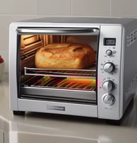 An oven with large silver knobs is partially covered with a purple towel hanging over its handle. There is a white appliance with attached cables on the left, possibly an electric kettle or air purifier, resting on a countertop.