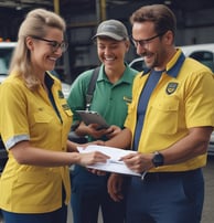 A truck driver getting a BOL signed from a warehouse supervisor
