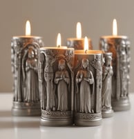 A variety of novelty prayer candles featuring illustrations of well-known figures with stylized backgrounds. They are displayed under a price sign offering them for sale with a special deal.