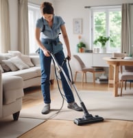 A person wearing protective clothing, a face mask, and gloves is cleaning a white cushioned furniture piece using a vacuum cleaner. The setting appears to be indoors with bright natural light streaming in through large windows. A green potted plant is placed next to a white sofa, adding a touch of nature to the clean and tidy environment.