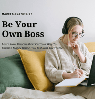 a woman sitting on a bed with a laptop and headphones studying to be her own boss 