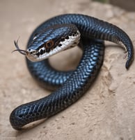 A close-up view of a large, coiled viper hidden among rocky terrain. Its scales are a vibrant mix of green and brown, providing excellent camouflage against the earthy background. The snake's head is slightly lifted, showcasing its textured, patterned skin.