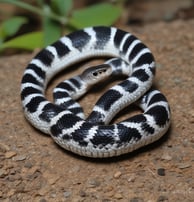 A close-up of a hand gently holding a small orange and white snake. The snake's scales have a distinct pattern, and its head is prominently visible with focused eyes.