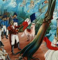 The painting is by Haitian artist Madsen Mompremier