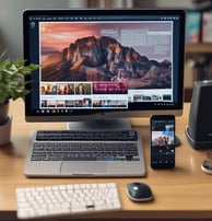 A laptop displays the Netflix logo on its screen while sitting on a desk. The keyboard is illuminated with red backlighting, creating a vivid contrast. In the foreground, a smartphone is visible with a blurry reflection of the Netflix logo.