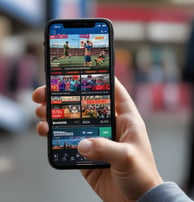 A hand holding a smartphone with the Netflix logo displayed on the screen against a light blue background.