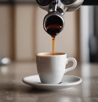 A paper cup with a decorative design featuring a laurel wreath encircling the text 'Premium Coffee'. The cup is placed on a wooden surface with soft lighting contributing to a serene and cozy atmosphere.