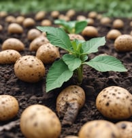 A lush green landscape with multiple rows of crops growing in a field. Tall trees and plants surround the perimeter, and the bright foliage suggests a healthy agricultural area.