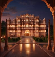 An intricately designed historical building with domes and decorative arches, set against a clear blue sky. Birds are flying around the structure, and a sign in the foreground reads 'Central Museum Jaipur'. The building has detailed architectural elements typical of Indian heritage.