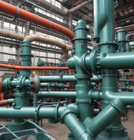 A close-up view of industrial machinery, featuring metal pipes, valves, and a large cylindrical component. The equipment is composed of various metallic surfaces, with visible screws and clamps securing the parts together. The texture of the metal appears weathered.