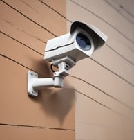 Two surveillance cameras mounted on an exterior wall made of pinkish-beige textured material. One camera is dome-shaped while the other is cylindrical, attached to a vertical metal pole.