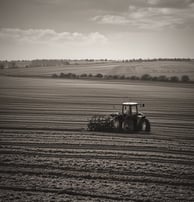 A red tractor with a large attached irrigation reel is positioned on a grassy path in a field landscape. The background consists of dense, dark green trees, while the foreground displays cultivated fields with patches of green and brown earth.