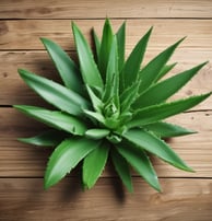 Close-up of an aloe vera plant with thick, fleshy leaves. The leaves have small, yellow-tipped spikes along the edges. Water droplets are visible on the surface, highlighting the plant's texture and natural sheen.