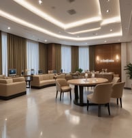 A modern interior featuring high ceilings and rows of glass-panelled walls, creating a spacious, well-lit corridor. The architectural design incorporates clean lines, with balconies and lighting fixtures enhancing the sense of openness.