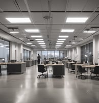 A modern interior space with a sleek design featuring tiled flooring and wood paneling. Large glass doors at the end of the corridor offer a view of a neatly maintained garden with green foliage. The ceiling has inset lighting that casts a soft glow.