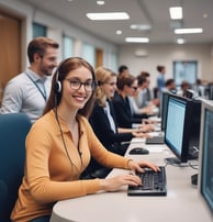 a woman in a headset with a headset and a man in a heads