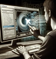 a man is shown using a computer screen