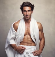 a man wearing only white towels is good clear fun