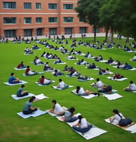 A modern university building surrounded by trees and a paved pathway. The architecture includes sleek lines with a combination of gray and white panels. Scooters are parked near the entrance, suggesting a mix of technology and transportation. The foreground features a grassy lawn with trees partially obscuring the view.